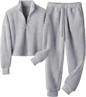 LTSCNRM Womens Fuzzy Pajamas Sets Lounge Fluffy Fleece Sleepwear Zip Up Pullover Pockets