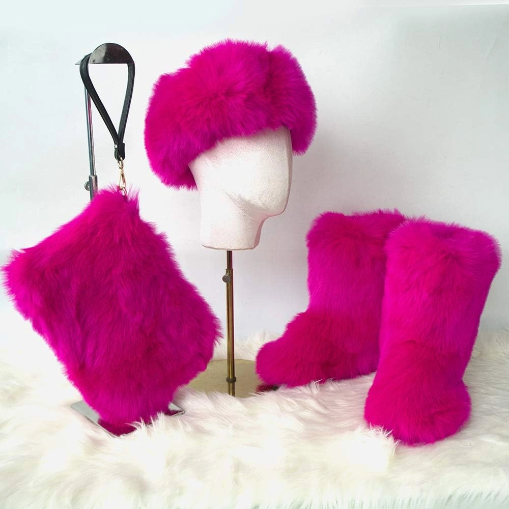 LVCOMEFF Women Faux Fur Snow Boot with Fur Lining Handbag Headband 3 Packs Pieces Set Winter Warm Outwear Furry Fluffy