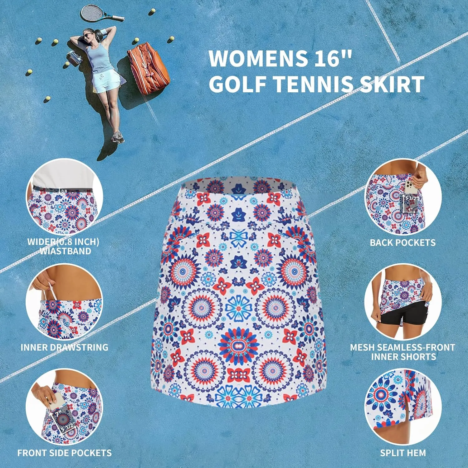 M MOTEEPI 16" Golf Skirt for Women Tennis Skirt with 4 Pockets High Waisted Athletic Skorts Skirts