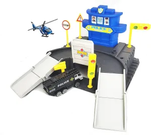 Maggie 2-Level Police Headquarters Playset - Interactive Garage Toy with Police Car, Helicopter & Traffic Signs, Birthday, for Boys, Girls