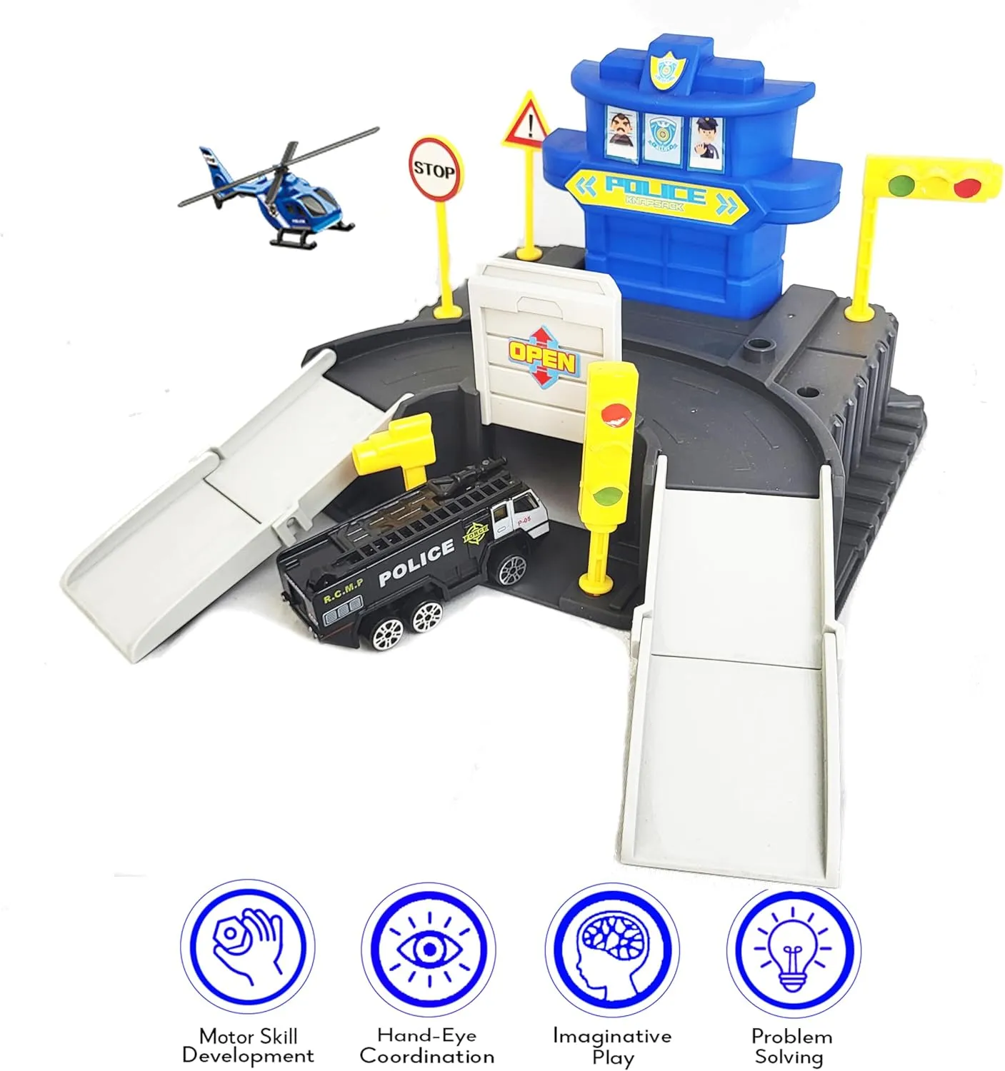 Maggie 2-Level Police Headquarters Playset - Interactive Garage Toy with Police Car, Helicopter & Traffic Signs, Birthday, for Boys, Girls