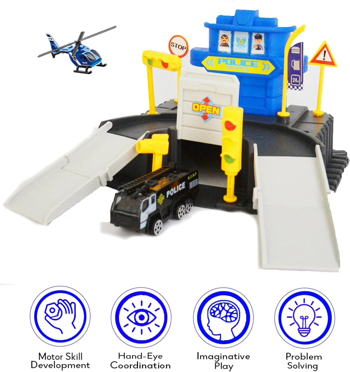 MAGGIE Creative Play Police Garage Set - Complete with Helicopter and Patrol Car - Safe and Non-Toxic Toy for Toddlers and Kids, Large, Blue, 660-S100
