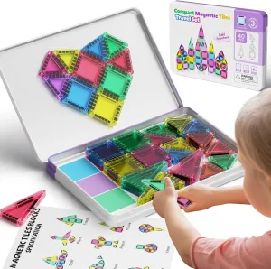 Magnetic Tiles for kids ages 4-8, 40 Pieces Mini Magnetic Building Blocks,Magnet Tiles Travel Construction Set with Storage Iron Box,Toddler Puzzle Birthday Gift Toys for Boys and Girls Ages 3