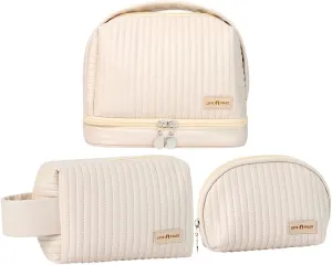 Makeup Bag Set of 3, Toiletry Bag for Women, Small Makeup Bag for Purse, Cute Quilted Cosmetic Bag for Travel, Gift for Women, Cream