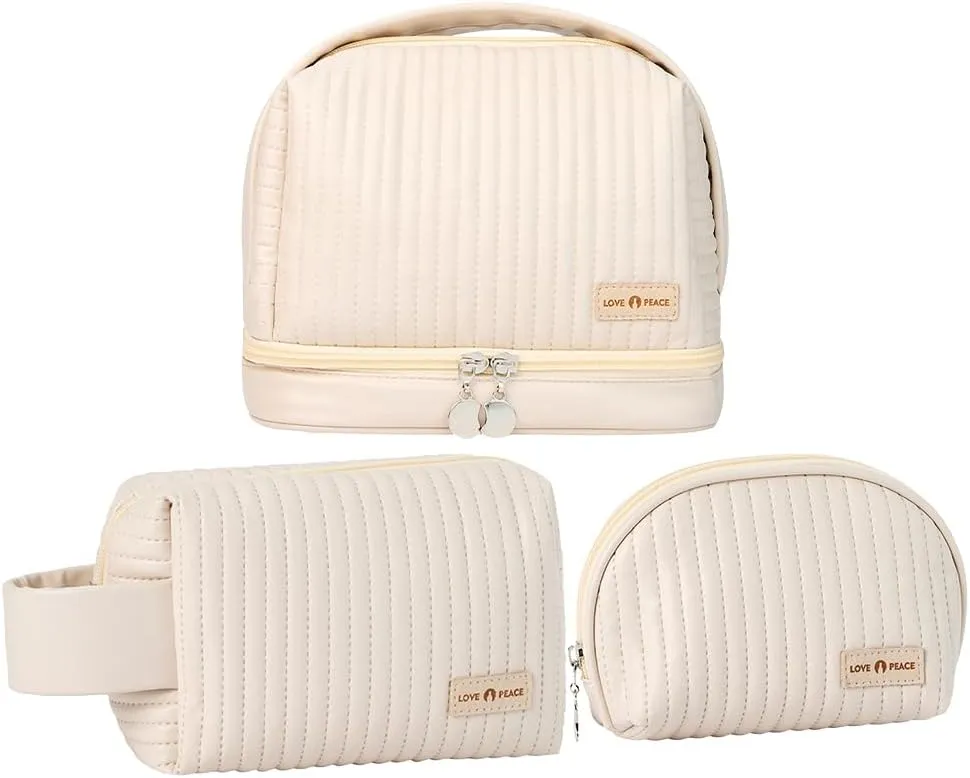 Makeup Bag Set of 3, Toiletry Bag for Women, Small Makeup Bag for Purse, Cute Quilted Cosmetic Bag for Travel, Gift for Women, Cream