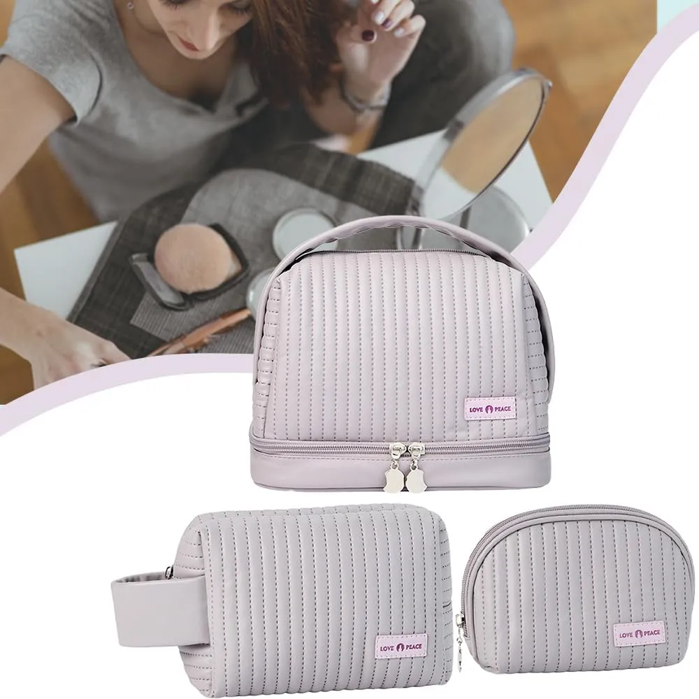 Makeup Bag Set of 3, Toiletry Bag for Women, Small Makeup Bag for Purse, Cute Quilted Cosmetic Bag for Travel, Gift for Women, Light Purple