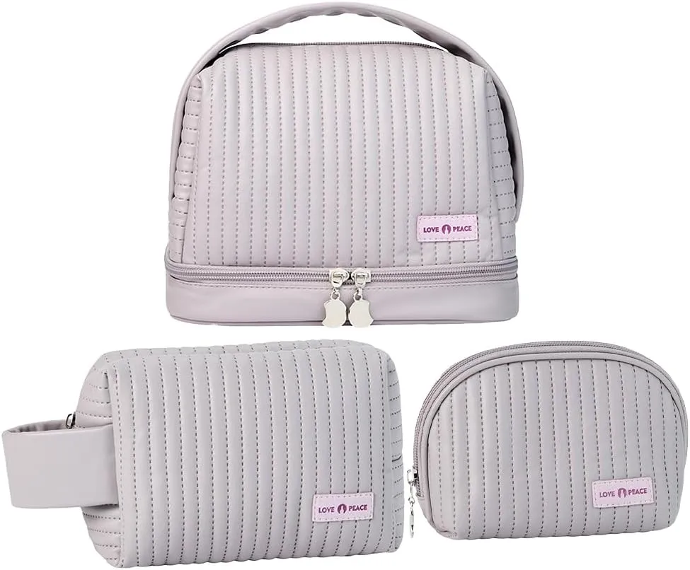 Makeup Bag Set of 3, Toiletry Bag for Women, Small Makeup Bag for Purse, Cute Quilted Cosmetic Bag for Travel, Gift for Women, Light Purple