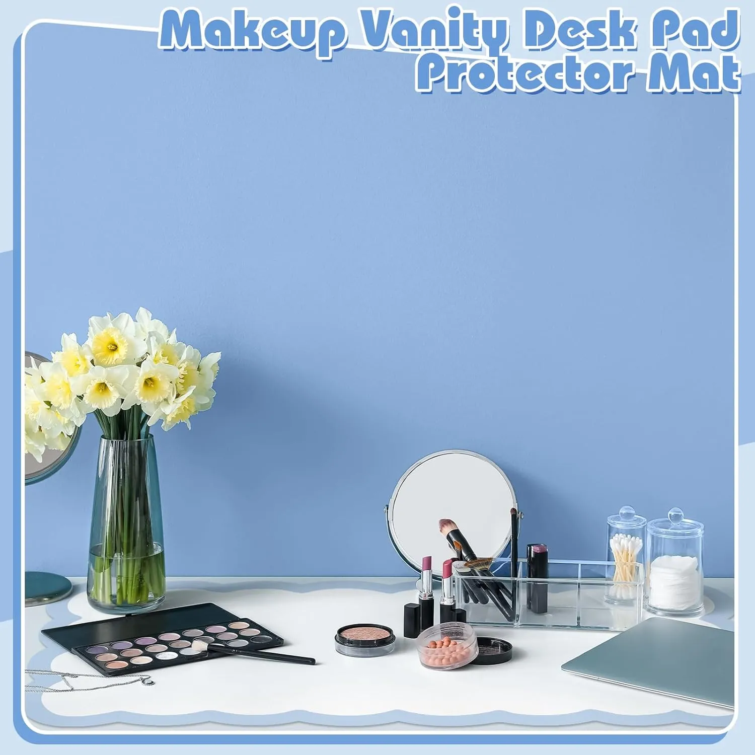 Makeup Mat for Vanity Scalloped Makeup Mat Dual-sided Dressing Table Pad Waterproof Mouse Pads for Dressing Desk Desktop Table(Blue Edge)