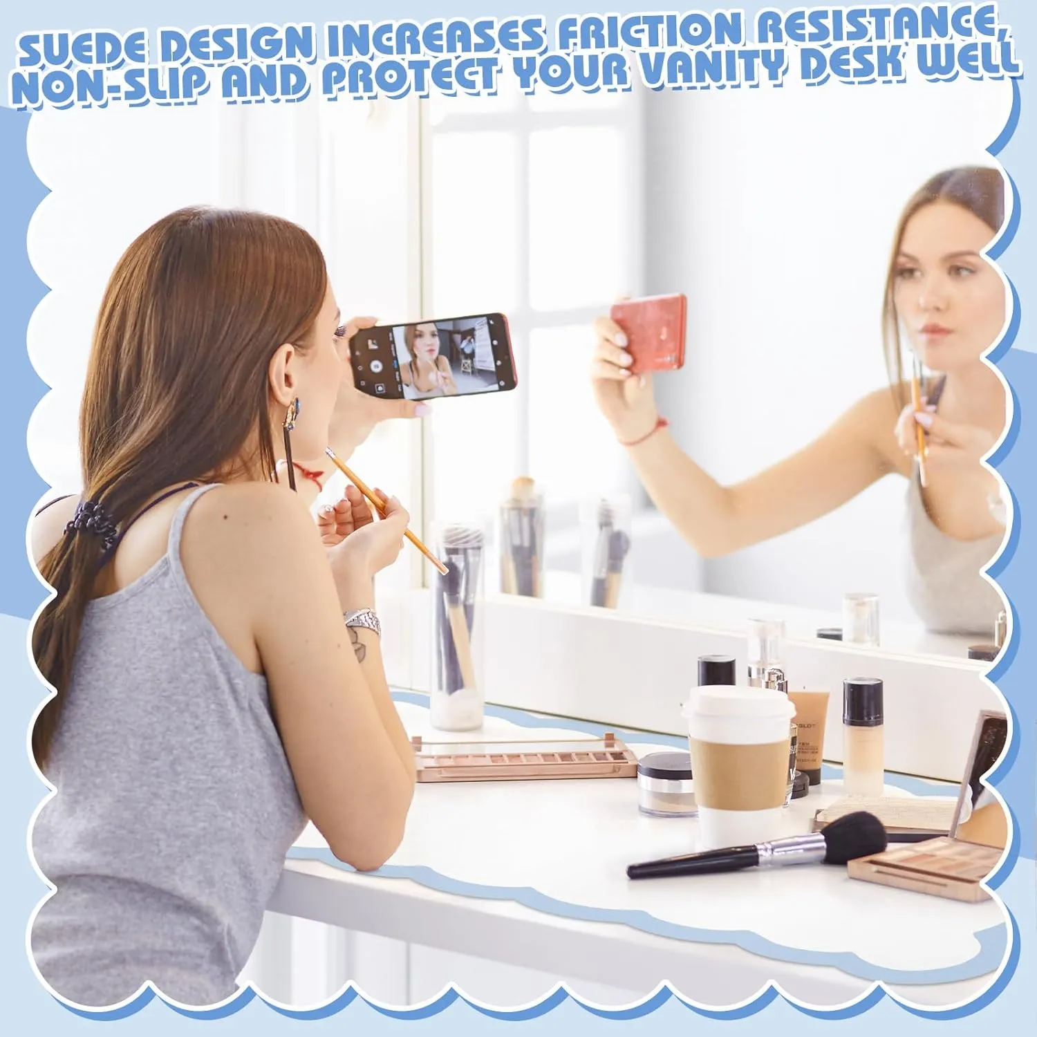 Makeup Mat for Vanity Scalloped Makeup Mat Dual-sided Dressing Table Pad Waterproof Mouse Pads for Dressing Desk Desktop Table(Blue Edge)