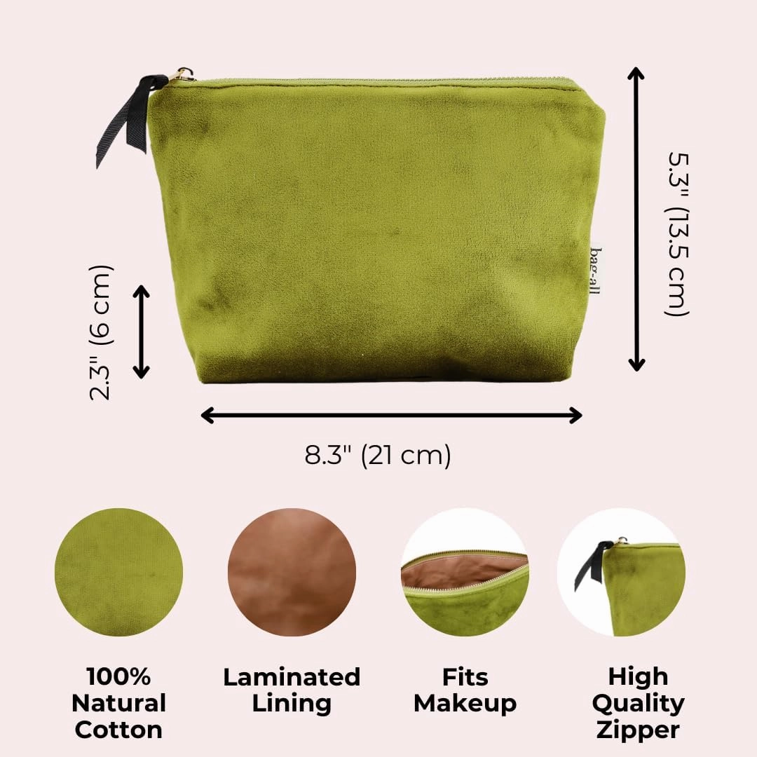 Makeup Bag for Women | Cosmetic Bag Organizer for Girls | Makeup Pouch for Traveling | Toiletry Bags for Women | Make Up Travel Pouches | Green Velvet