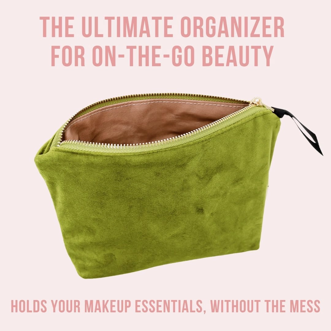 Makeup Bag for Women | Cosmetic Bag Organizer for Girls | Makeup Pouch for Traveling | Toiletry Bags for Women | Make Up Travel Pouches | Green Velvet