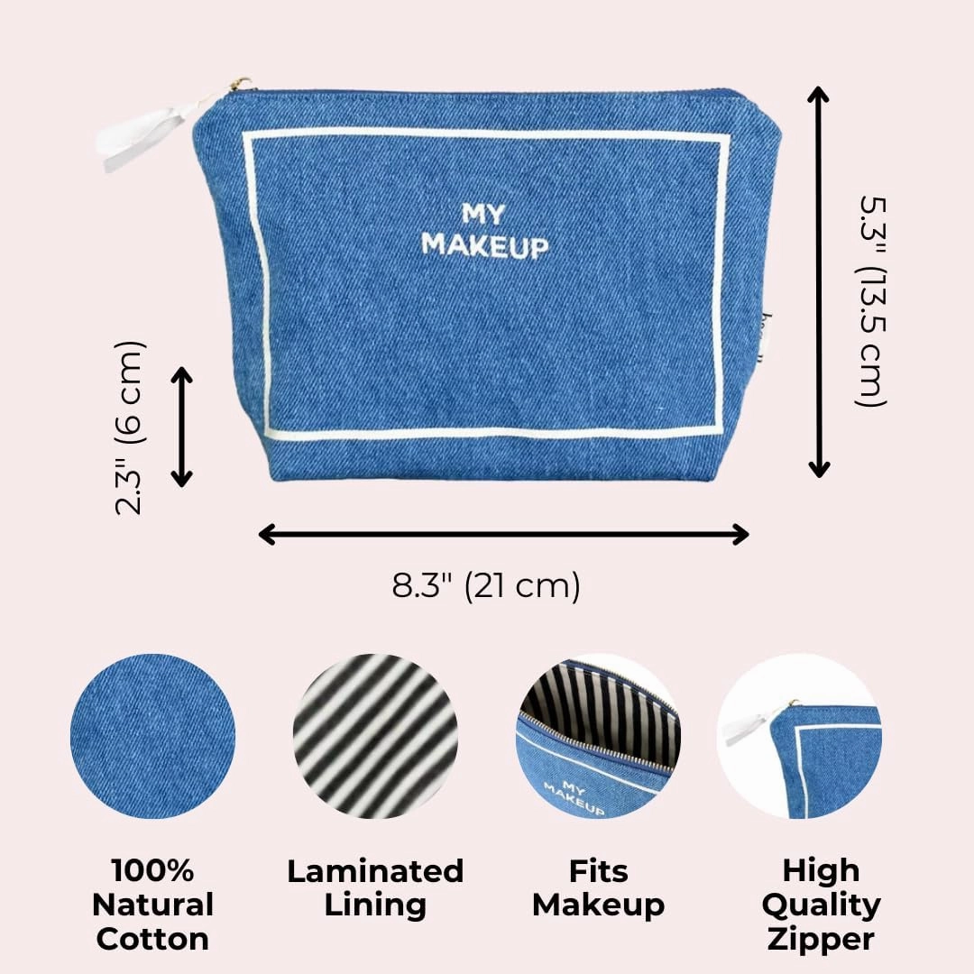 Makeup Bag for Women | Cosmetic Bag Organizer for Girls | Makeup Pouch for Traveling| Toiletry Bags for Women | Make Up Travel Pouches | Denim