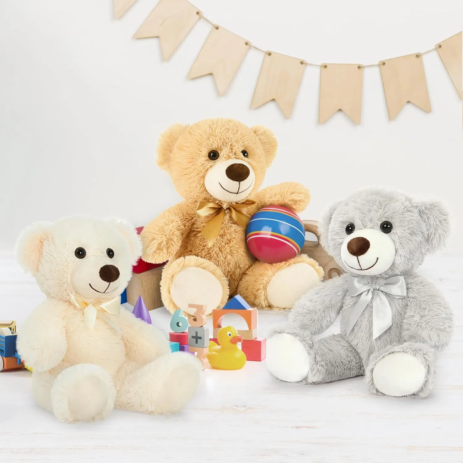 MaoGoLan 3 Pieces Bulk Teddy Bears Stuffed Animals Baby Shower, Soft Small Stuffed Teddy Bears in Bulk, 13.5" Cuddly Mini Teddy Bears Centerpiece,Wedding,Party,Engagement,Tan,Beige,Gray