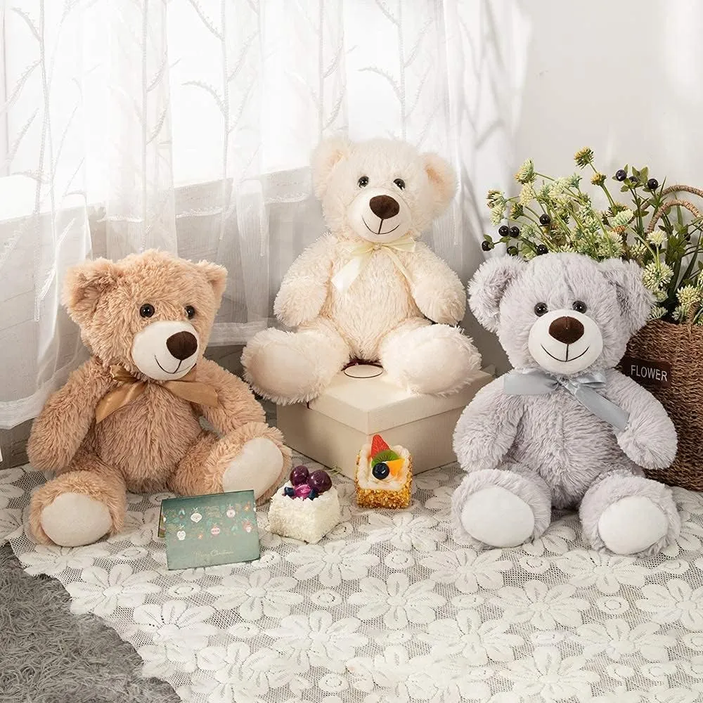 MaoGoLan 3 Pieces Bulk Teddy Bears Stuffed Animals Baby Shower, Soft Small Stuffed Teddy Bears in Bulk, 13.5" Cuddly Mini Teddy Bears Centerpiece,Wedding,Party,Engagement,Tan,Beige,Gray