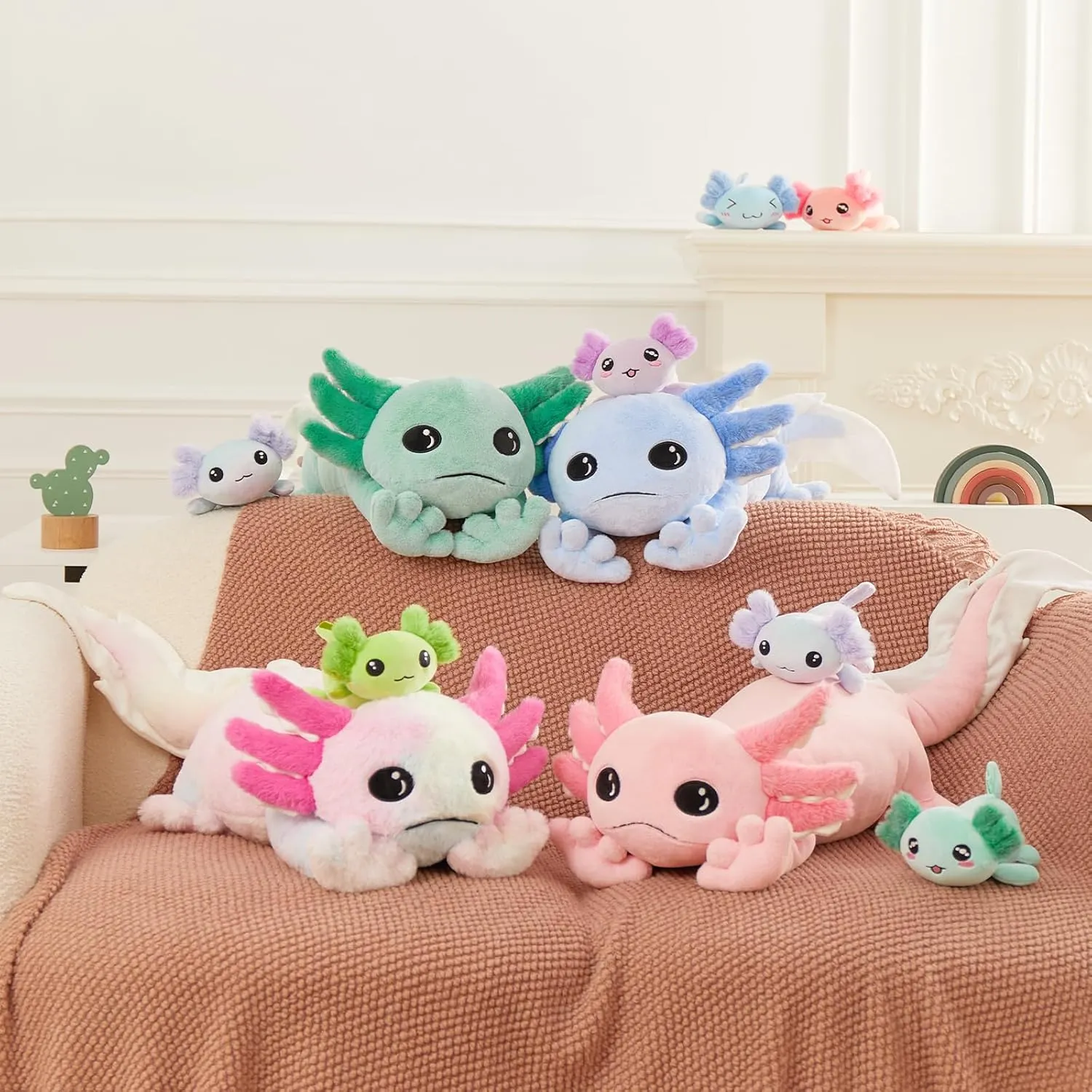 MaoGoLan 5 Pcs Axolotl Plush Stuffed Animal with 4 Babies Inside, 31.5" Glow Mommy Axolotl Plush Pillow for Girls, Soft Long Salamander Plushies for Birthday Gifts, Blue