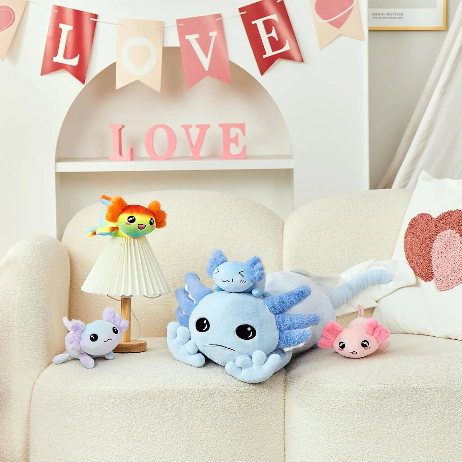 MaoGoLan 5 Pcs Axolotl Plush Stuffed Animal with 4 Babies Inside, 31.5" Glow Mommy Axolotl Plush Pillow for Girls, Soft Long Salamander Plushies for Birthday Gifts, Blue