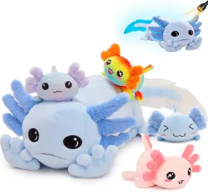 MaoGoLan 5 Pcs Axolotl Plush Stuffed Animal with 4 Babies Inside, 31.5" Glow Mommy Axolotl Plush Pillow for Girls, Soft Long Salamander Plushies for Birthday Gifts, Blue