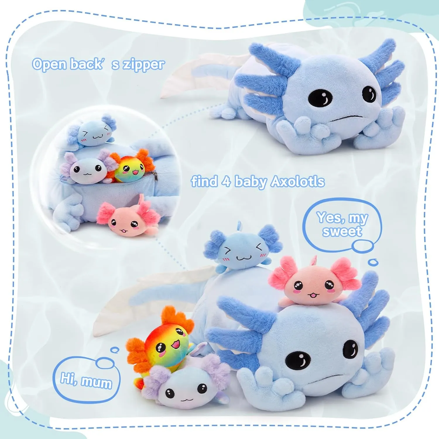 MaoGoLan 5 Pcs Axolotl Plush Stuffed Animal with 4 Babies Inside, 31.5" Glow Mommy Axolotl Plush Pillow for Girls, Soft Long Salamander Plushies for Birthday Gifts, Blue