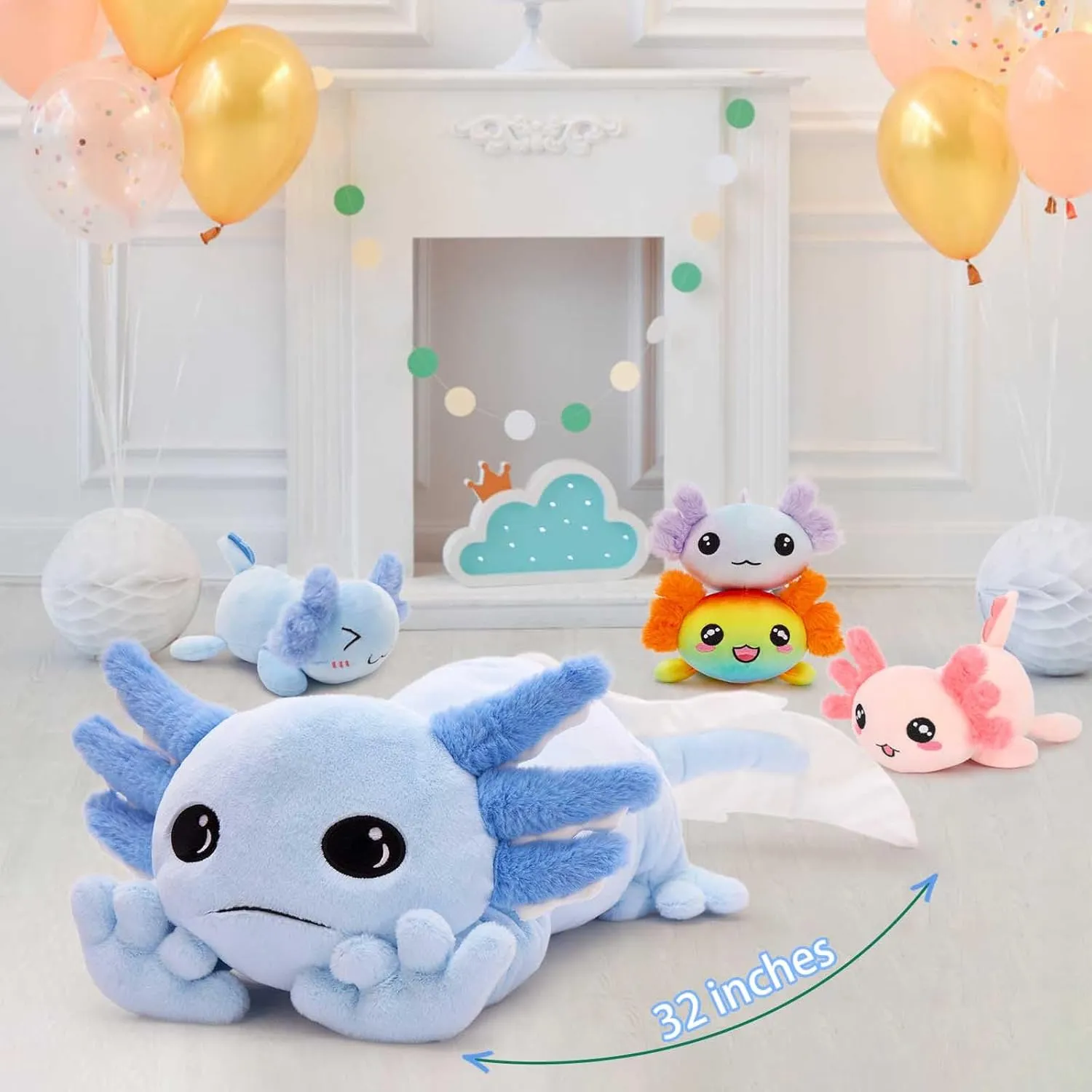 MaoGoLan 5 Pcs Axolotl Plush Stuffed Animal with 4 Babies Inside, 31.5" Glow Mommy Axolotl Plush Pillow for Girls, Soft Long Salamander Plushies for Birthday Gifts, Blue