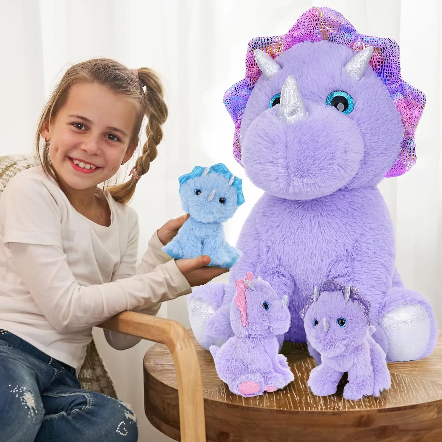 MaoGoLan Triceratops Stuffed Animal for Kids,Purple Stuffed Dinosaurs Plush Pillow Toys Set for Girls,Giant Mommy Dinosaur with 3 Babies for Birthday Gifts