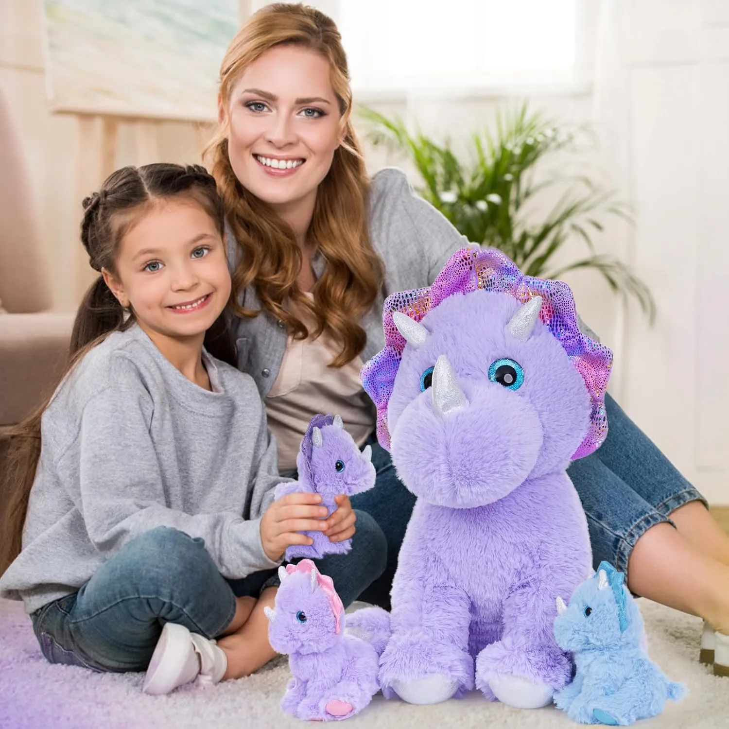 MaoGoLan Triceratops Stuffed Animal for Kids,Purple Stuffed Dinosaurs Plush Pillow Toys Set for Girls,Giant Mommy Dinosaur with 3 Babies for Birthday Gifts