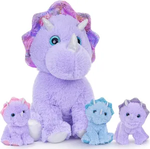 MaoGoLan Triceratops Stuffed Animal for Kids,Purple Stuffed Dinosaurs Plush Pillow Toys Set for Girls,Giant Mommy Dinosaur with 3 Babies for Birthday Gifts