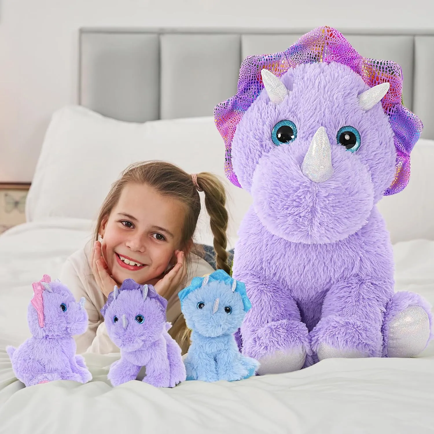 MaoGoLan Triceratops Stuffed Animal for Kids,Purple Stuffed Dinosaurs Plush Pillow Toys Set for Girls,Giant Mommy Dinosaur with 3 Babies for Birthday Gifts