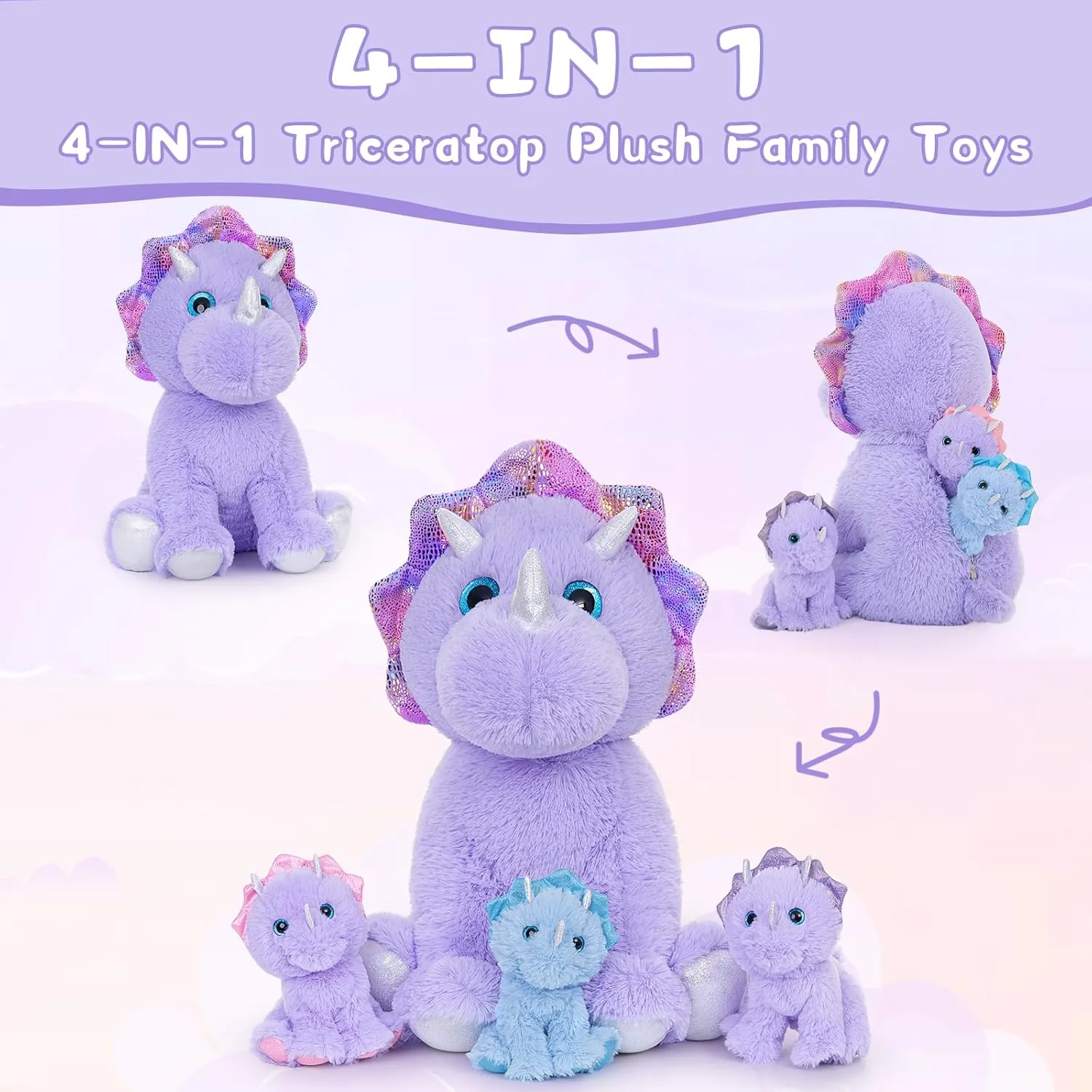 MaoGoLan Triceratops Stuffed Animal for Kids,Purple Stuffed Dinosaurs Plush Pillow Toys Set for Girls,Giant Mommy Dinosaur with 3 Babies for Birthday Gifts