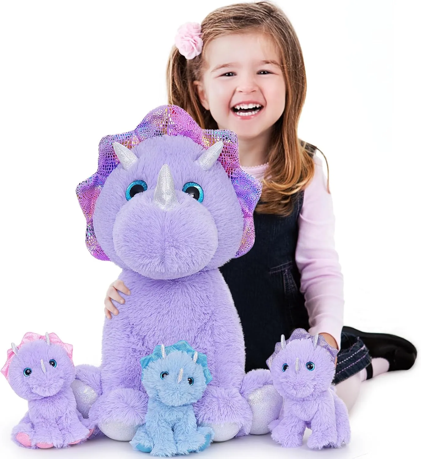 MaoGoLan Triceratops Stuffed Animal for Kids,Purple Stuffed Dinosaurs Plush Pillow Toys Set for Girls,Giant Mommy Dinosaur with 3 Babies for Birthday Gifts