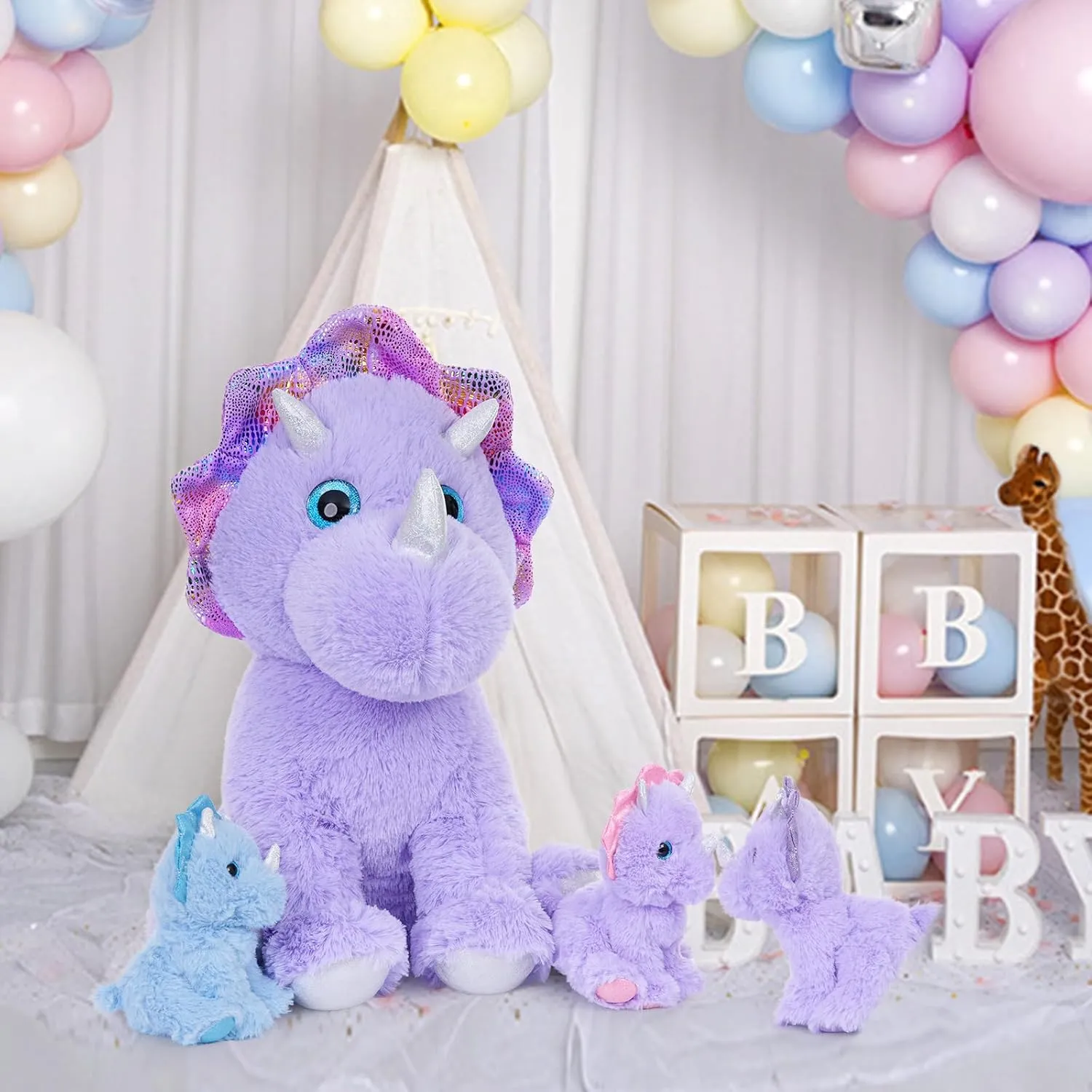 MaoGoLan Triceratops Stuffed Animal for Kids,Purple Stuffed Dinosaurs Plush Pillow Toys Set for Girls,Giant Mommy Dinosaur with 3 Babies for Birthday Gifts