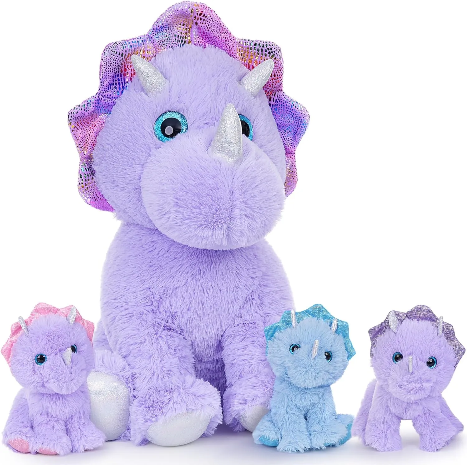 MaoGoLan Triceratops Stuffed Animal for Kids,Purple Stuffed Dinosaurs Plush Pillow Toys Set for Girls,Giant Mommy Dinosaur with 3 Babies for Birthday Gifts