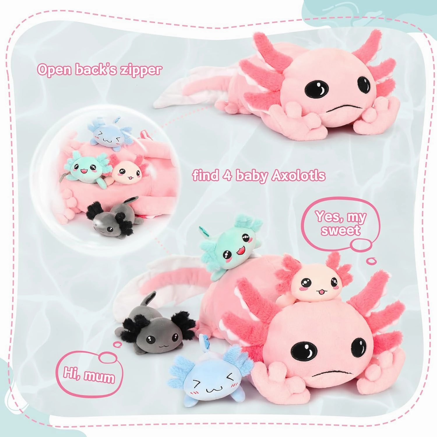 MaoGoLan 5 Pcs Axolotl Plush Stuffed Animal with 4 Babies Inside, 31.5" Glow Mommy Axolotl Plush Pillow for Girls, Soft Long Salamander Plushies for Birthday Gifts, Pink