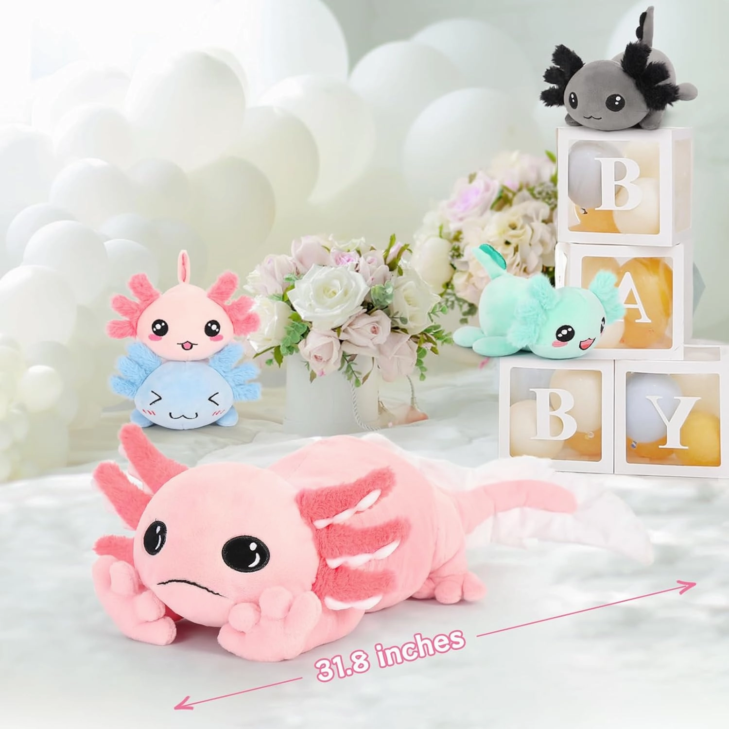 MaoGoLan 5 Pcs Axolotl Plush Stuffed Animal with 4 Babies Inside, 31.5" Glow Mommy Axolotl Plush Pillow for Girls, Soft Long Salamander Plushies for Birthday Gifts, Pink