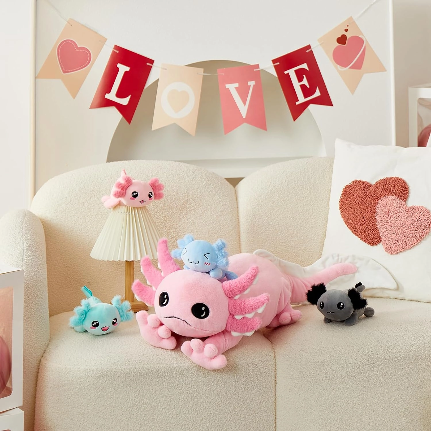MaoGoLan 5 Pcs Axolotl Plush Stuffed Animal with 4 Babies Inside, 31.5" Glow Mommy Axolotl Plush Pillow for Girls, Soft Long Salamander Plushies for Birthday Gifts, Pink