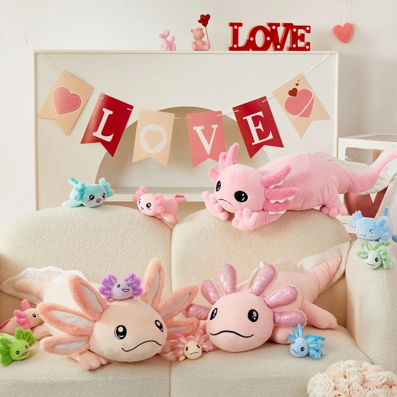 MaoGoLan 5 Pcs Axolotl Plush Stuffed Animal with 4 Babies Inside, 31.5" Glow Mommy Axolotl Plush Pillow for Girls, Soft Long Salamander Plushies for Birthday Gifts, Pink