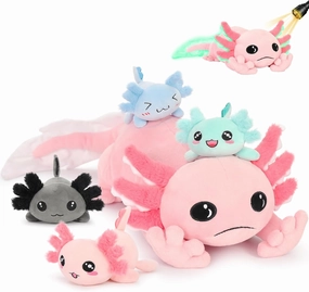 MaoGoLan 5 Pcs Axolotl Plush Stuffed Animal with 4 Babies Inside, 31.5" Glow Mommy Axolotl Plush Pillow for Girls, Soft Long Salamander Plushies for Birthday Gifts, Pink