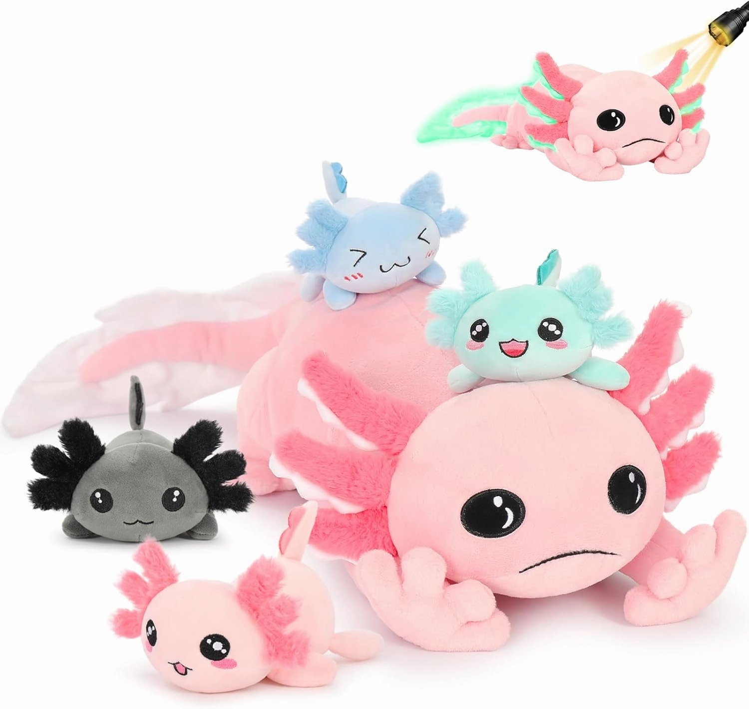 MaoGoLan 5 Pcs Axolotl Plush Stuffed Animal with 4 Babies Inside, 31.5" Glow Mommy Axolotl Plush Pillow for Girls, Soft Long Salamander Plushies for Birthday Gifts, Pink