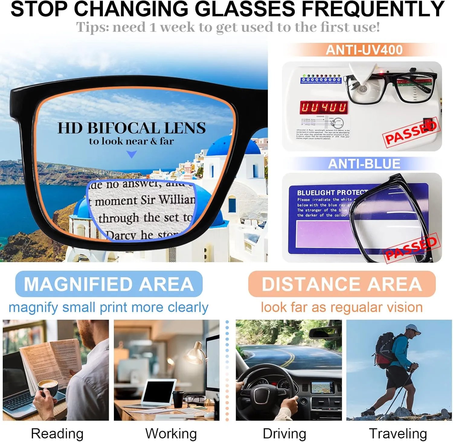 MARE AZZURO Oversized Bifocal Reading Glasses Men Blue Light Blocking Readers 1.0 1.25 1.5 1.75 2.0 2.25 2.5 2.75 3.0 3.5