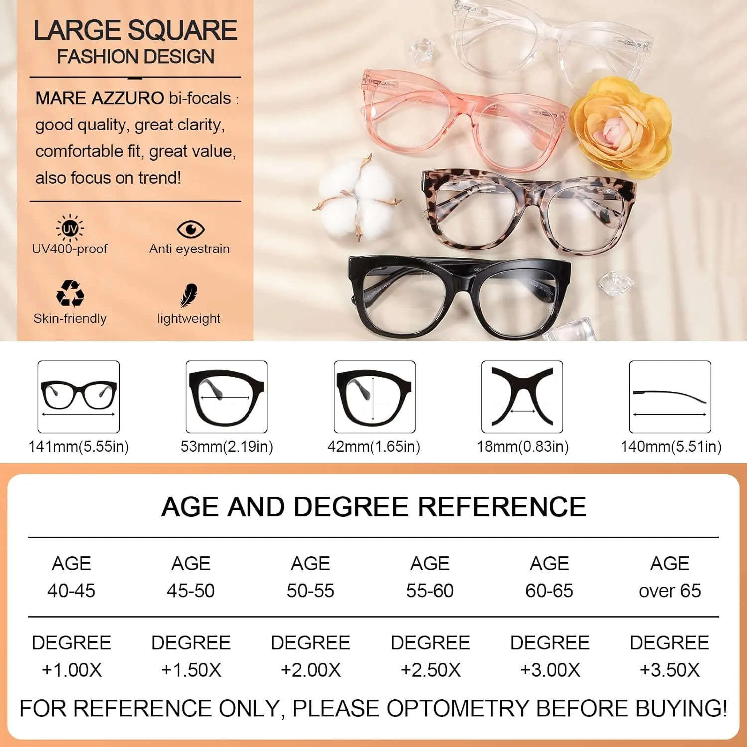 MARE AZZURO Oversized Bifocal Reading Glasses Women Blue Light Blocking Readers 1.0 1.25 1.5 1.75 2.0 2.25 2.5 2.75 3.0 3.5