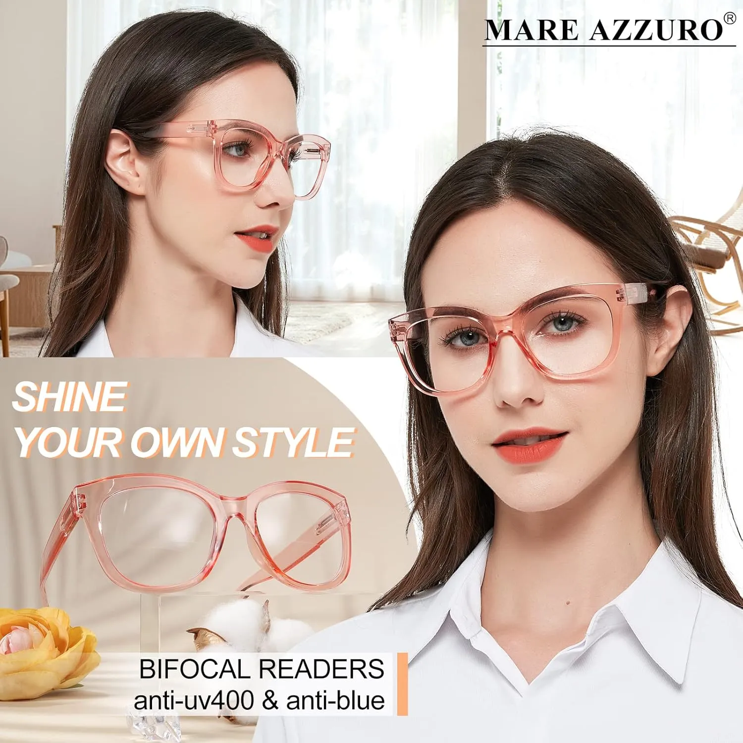 MARE AZZURO Oversized Bifocal Reading Glasses Women Blue Light Blocking Readers 1.0 1.25 1.5 1.75 2.0 2.25 2.5 2.75 3.0 3.5