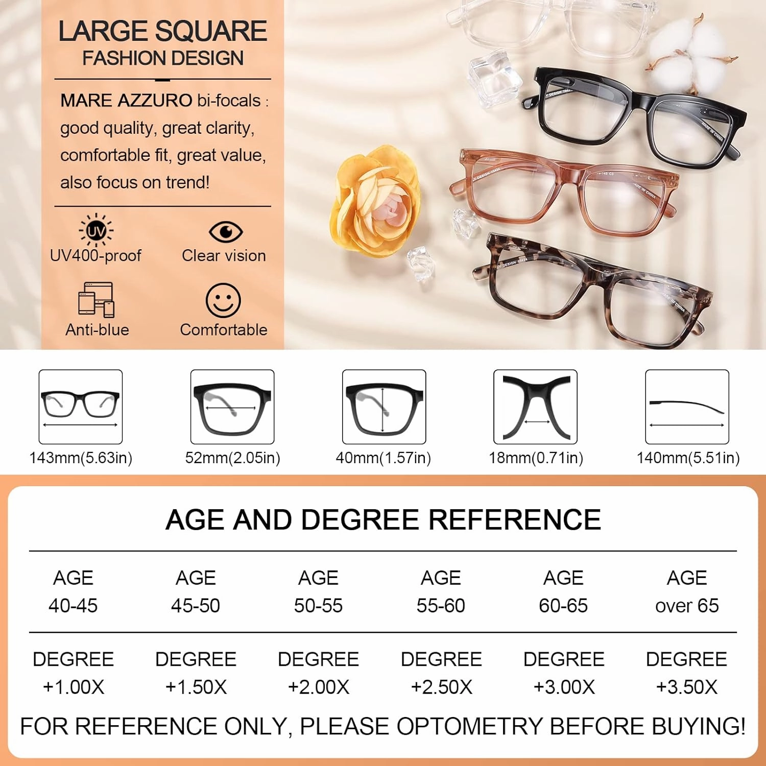 MARE AZZURO Large Bifocal Reading Glasses Women Blue Light Blocking Readers 1.0 1.25 1.5 1.75 2.0 2.25 2.5 2.75 3.0 3.5