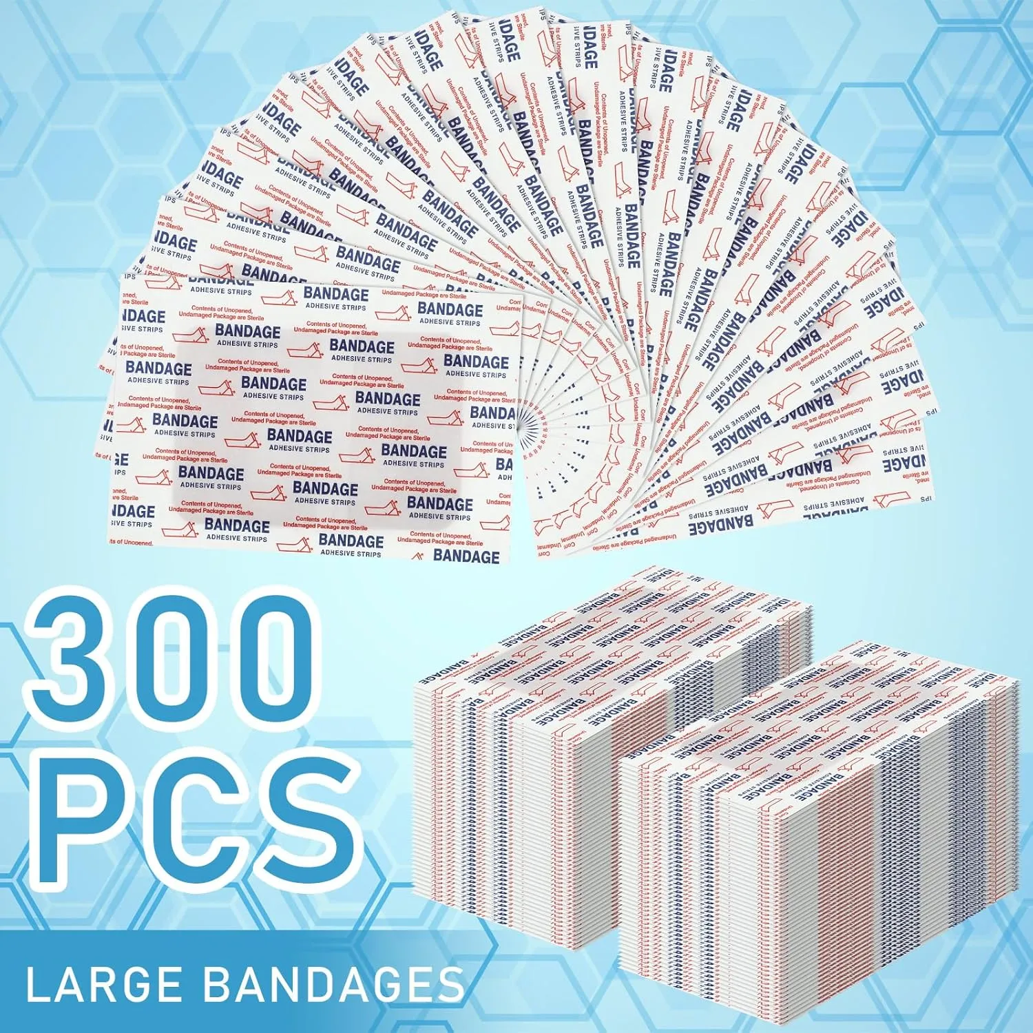 Marsui Large Bandages - Flexible Adhesive Fabric Bandages 3 x 4 Inch - Latex Free - 300 Pcs Assorted Size for First Aid Wound Care