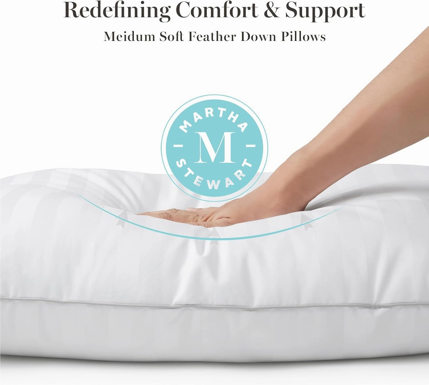 MARTHA STEWART Hotel Collection Medium Soft Feather Down Pillows 100% Cotton 500 Thread Count Damask Stripe Embroidered, Queen Size Set of 2, White 2