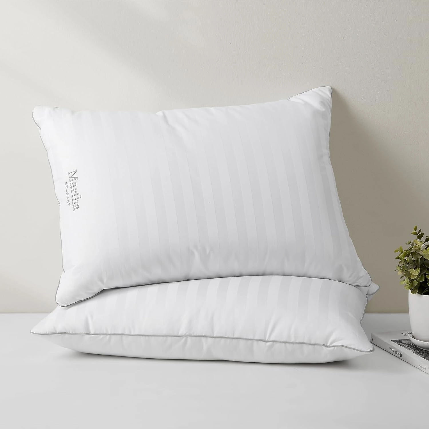 MARTHA STEWART Hotel Collection Medium Soft Feather Down Pillows 100% Cotton 500 Thread Count Damask Stripe Embroidered, Queen Size Set of 2, White 2