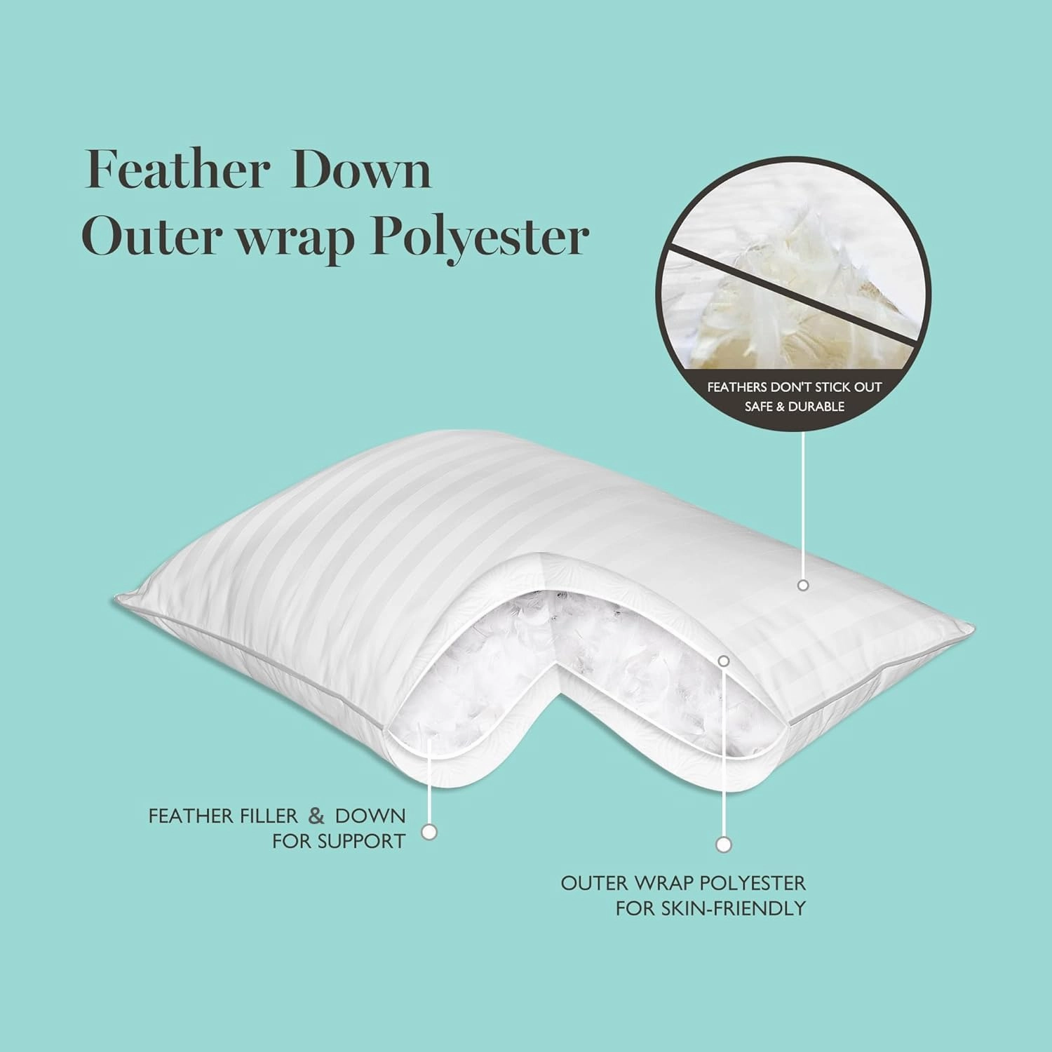 MARTHA STEWART Hotel Collection Medium Soft Feather Down Pillows 100% Cotton 500 Thread Count Damask Stripe Embroidered, Queen Size Set of 2, White 2