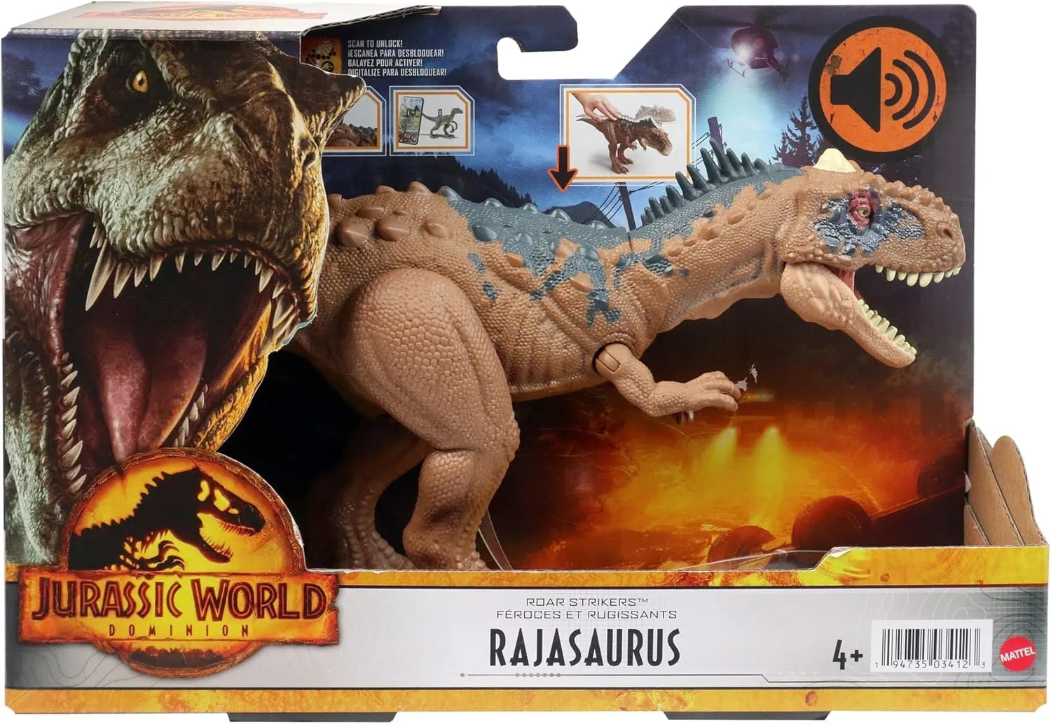 Mattel Jurassic World Dominion Roar Strikers Rajasaurus Dinosaur Action Figure with Roaring Sound and Attack Action, Toy Toy Physical & Digital Play