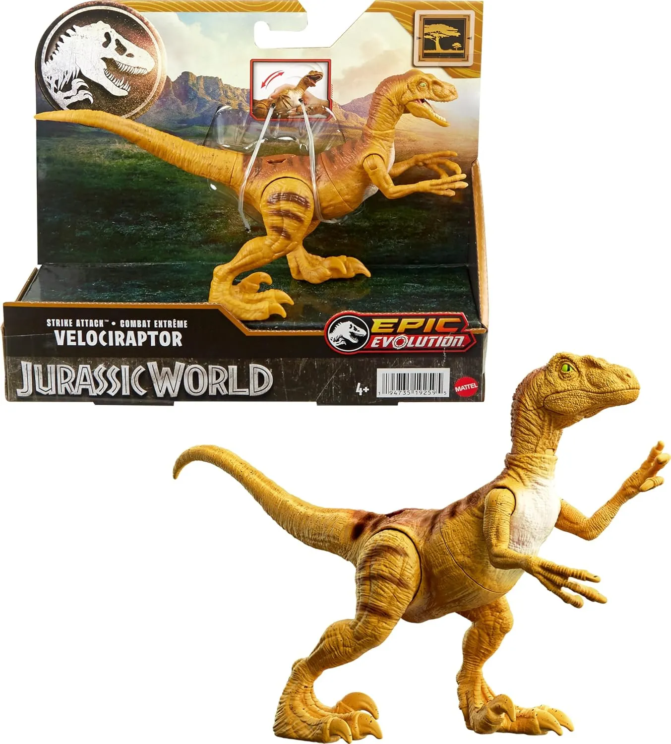 Mattel Jurassic World Strike Attack Dinosaur Toy with Single-Strike Action & Movable Joints, Velociraptor Action Figure Includes Digital Play