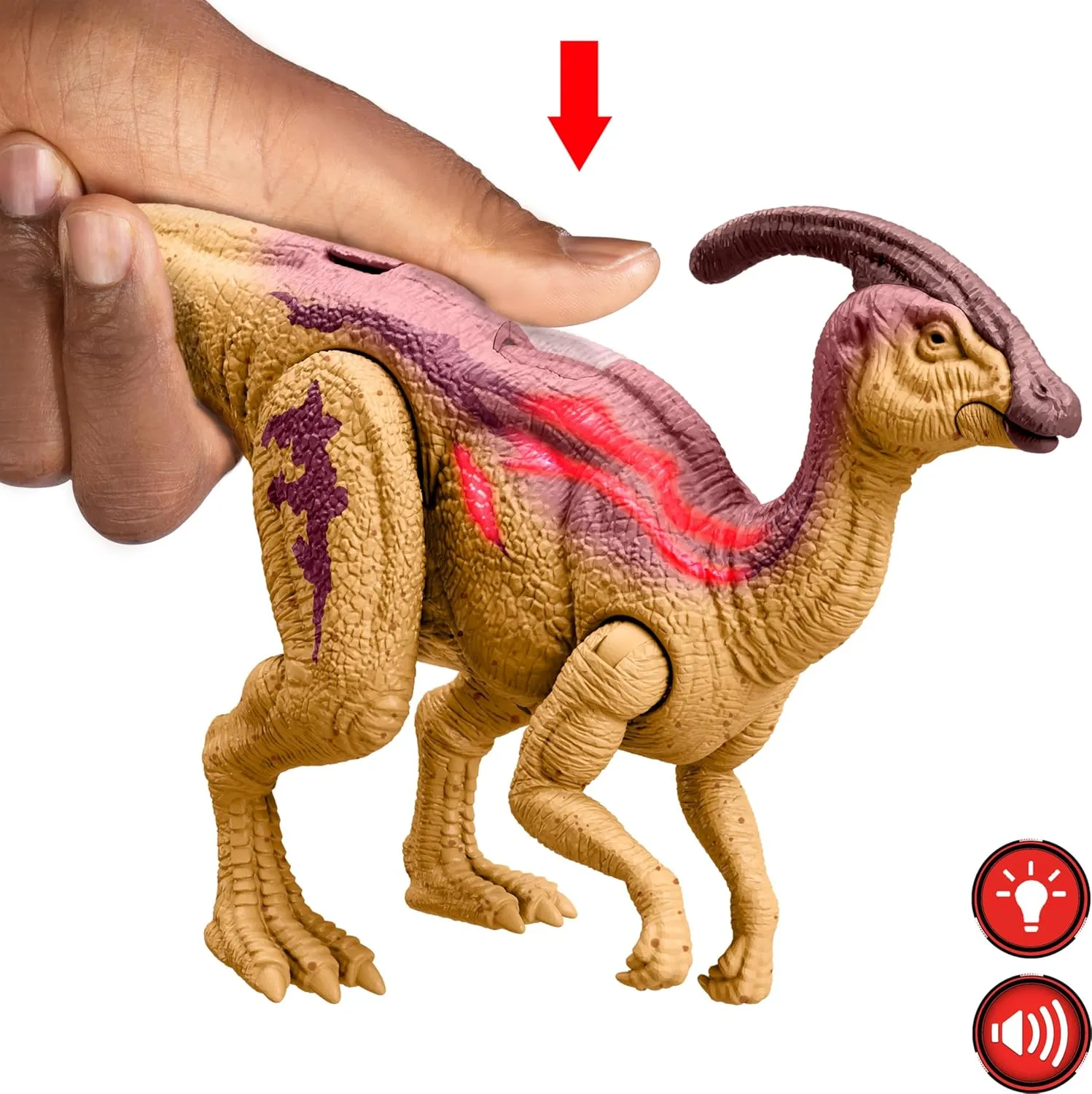 Mattel Jurassic World Wild Roar Dinosaur Action Figure, Parasaurolophus with Glowing Spine Reveal Lights & Sound, Posable Toy with Digital Play