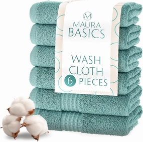 MAURA Basics Turkish Cotton Washcloth Towel Set High Performance Bathroom Essentials with Hanging Loops, Standard Size 13”x13”, Ideal for Daily Comfort, Seafoam