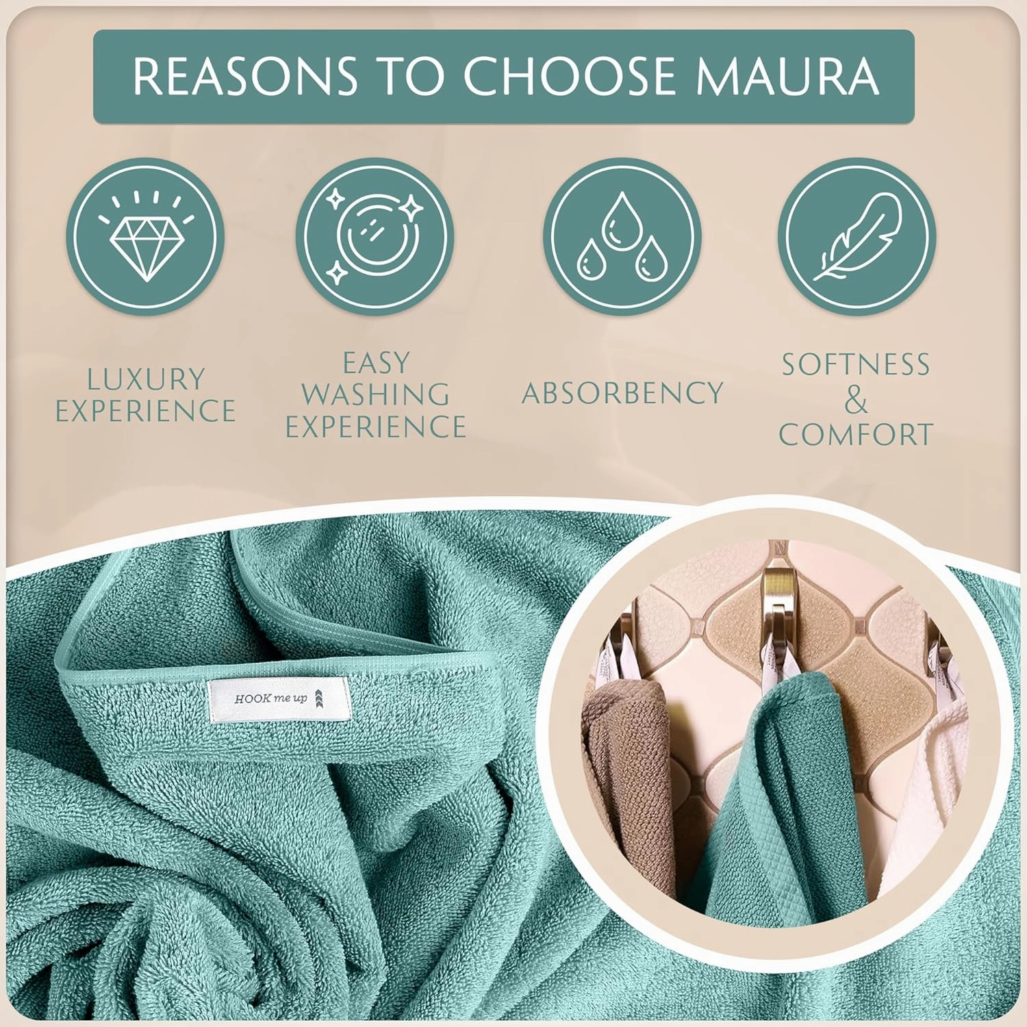 MAURA Basics Turkish Cotton Washcloth Towel Set High Performance Bathroom Essentials with Hanging Loops, Standard Size 13”x13”, Ideal for Daily Comfort, Seafoam